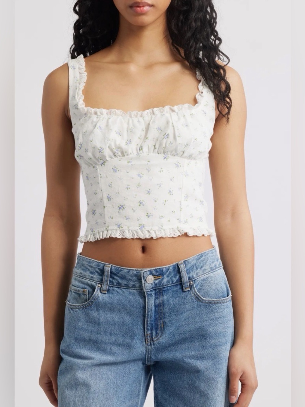 All in Favor White Floral Ruffle Square-Neck Crop Top Size Medium